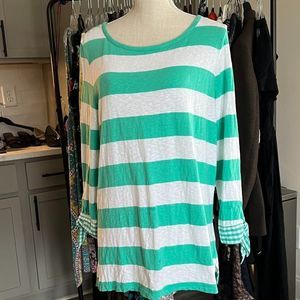 Crown & Ivy Green and White Striped Top with Contrasting Gingham Cuffs Large